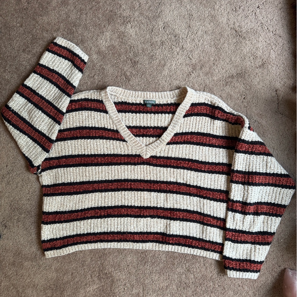 Wild Fable Cream and Brown V-Neck Sweater